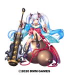  bangs blue_hair blush club cup eyebrows_visible_through_hair gemini_seed gourd highres holding holding_weapon horns japanese_clothes kimono long_hair multicolored_hair nakaishow obi oni red_eyes sakazuki sash shoes smile twintails two-tone_hair very_long_hair watermark weapon white_hair 