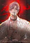  1boy abs absurdres animal_collar bare_pectorals black_collar blush bracelet card card_in_mouth clenched_teeth clothes_lift collar collared_shirt cuffed cuffs half-closed_eyes handcuffs highres indoors jewelry kiss large_pectorals lipstick lipstick_mark lipstick_mark_on_breast lipstick_mark_on_face lipstick_mark_on_stomach looking_at_viewer love_and_deepspace makeup male_focus metal_bracelet mouth_hold muscular muscular_male nipples noink131 open_clothes open_shirt pectoral_cleavage pectorals playing_card pointing pointing_up poker red_background red_eyes shirt shirt_lift short_hair solo spiked_collar spikes sylus_(love_and_deepspace) teeth toned torn_clothes torn_shirt wet wet_clothes white_hair white_shirt yaoi 