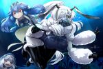  3girls animal_hood antennae arthropod_girl bao_the_whale bao_the_whale_(1st_costume) bare_hips black_sclera blue_eyes blue_hair breasts chibi colored_sclera colored_skin commentary diving dress extra_arms gawr_gura gawr_gura_(1st_costume) green_eyes green_hair green_skin grey_dress grey_one-piece_swimsuit hair_over_one_eye haraya_manawari highres hololive hololive_english hood hood_up indie_virtual_youtuber insect_wings juniper_actias juniper_actias_(idol) large_breasts long_hair monster_girl moth_antennae moth_girl multicolored_hair multiple_girls one-piece_swimsuit open_mouth red_eyes shark_hood sharp_teeth streaked_hair swimsuit teeth thighs underwater virtual_youtuber white_fur white_hair wings 