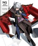  1boy ahoge aqua_necktie argyle_clothes argyle_sweater bead_necklace beads black_coat black_eyes black_gloves black_shoes blue_coat book book_stack brown_pants checkered_clothes checkered_necktie coat commentary_request couch crossed_ankles fate/grand_order fate_(series) full_body gloves grey_sweater haisato_(ddclown14) half_gloves hand_on_own_chin hands_up holding holding_paper james_moriarty_(ruler)_(fate) jewelry lightning_ahoge long_coat long_sleeves looking_at_object male_focus medici_collar multicolored_coat necklace necktie on_couch open_clothes open_coat pants paper papers print_coat puzzle_piece_print raised_eyebrow reading shadow shoes signature simple_background sitting solo stroking_own_chin suit_pants sweater thinking thumb_to_mouth tile_floor tiles two-tone_coat v-neck watermark white_background white_hair 