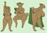 anthro areola belly beverage bibbly big_belly big_breasts breasts brown_body brown_fur capybara caviid claws container cup digital_media_(artwork) female fur genitals hi_res holding_object mammal multiple_images nipples nude nude_anthro nude_female ohelladarian_(artist) overweight overweight_anthro overweight_female rodent simple_background solo tail thick_thighs towel vulva wide_hips