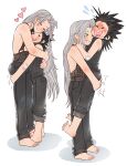  2boys bandaid bandaid_on_arm barefoot belt black_hair black_pants black_shirt blush brown_belt closed_eyes cross_scar crylin6 earrings final_fantasy final_fantasy_vii flying_sweatdrops grabbing_another's_ass green_eyes grey_hair grin groping hair_slicked_back highres hug jewelry long_hair male_focus medium_hair multiple_boys no_shirt one_eye_closed open_mouth pants pants_rolled_up parted_bangs ribbed_shirt scar scar_on_cheek scar_on_face sephiroth shirt sideburns single_earring sleeveless sleeveless_turtleneck smile suspenders teeth turtleneck white_background yaoi zack_fair 