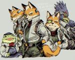2026 amphibian anthro avian beak belt belt_buckle black_clothing black_gloves black_handwear black_whiskers blue_baseball_cap blue_body blue_feathers bottomwear buckle canid canine claws clothed clothed_anthro clothed_male clothing crossed_arms digital_media_(artwork) falco_lombardi feathers fingerless_gloves fluffy fluffy_tail fox fox_mccloud frog fur gloves green_body green_bottomwear green_clothing green_eyes green_pants green_skin grey_clothing grey_jacket grey_topwear group hand_on_hip handwear hi_res jacket japanese_text kerchief male male_anthro mammal multiple_images neckerchief neckwear nintendo open_mouth orange_body orange_fur pants pilot pilot_uniform red_kerchief red_neckerchief reticulum5100 sitting slippy_toad smile smirk standing star_fox star_fox_(2026) tail tan_body tan_fur text tools topwear trio visor whiskers wrench zipper