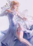  1girl bare_shoulders blonde_hair blue_eyes bone clothes_lift commentary_request cytus detached_sleeves dress feet_out_of_frame flower gown halterneck hand_on_own_chest headphones headset highres lily_(flower) lips long_dress looking_at_viewer parted_lips ribs see-through_body sfsaltfish shirt_hold side_slit skeleton solo thigh_strap vanessa_(cytus) white_dress white_flower 
