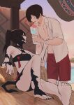  1boy 1other asahi_sas_brutus au_ra bare_shoulders beach black_hair black_horns black_scales blunt_bangs blush bowl_cut bracelet collared_shirt commission commissioner_upload dragon_horns drink drinking_straw final_fantasy final_fantasy_xiv flower hair_between_eyes high_ponytail highres holding holding_another's_wrist holding_drink horns hyur izumi_tol_amulius jewelry long_hair looking_at_another nail_polish nozouko omake open_clothes open_mouth open_shirt original other_with_male ponytail red_shorts sand scales shirt short_hair short_sleeves shorts skeb_commission sketch sky smile summer sweatdrop swimsuit tuliyollal water white_shirt 