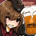  1girl :d ;d alcohol beer beer_mug black_hat black_jacket blush clenched_teeth commentary commission cross cup eyes_visible_through_hair garrison_cap girls_und_panzer hair_between_eyes hat highres holding holding_cup iron_cross jacket kuromorimine_military_uniform military military_hat military_jacket military_uniform mug nishizumi_maho one_eye_closed ontan red_background red_shirt sapporo_beer shirt simple_background smile solo teeth twitter_username upper_body 