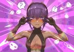  1girl ? announ_(kurotya) bangs black_bodysuit black_gloves blush bodysuit breasts center_opening closed_mouth collarbone commentary_request covered_collarbone dark_skin double_v elbow_gloves emotional_engine_-_full_drive eyebrows_visible_through_hair fate/grand_order fate/prototype fate/prototype:_fragments_of_blue_and_silver fate_(series) gloves hair_between_eyes hands_up hassan_of_serenity_(fate) highres kunai medium_breasts purple_background purple_eyes purple_hair sidelocks skull_mask solo sparkle spoken_question_mark upper_body v v_over_eye weapon 
