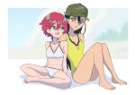 2girls :d absurdres amate_yuzuriha aqua_eyes barefoot beach bikini breasts commentary_request full_body gundam gundam_gquuuuuux highres indian_style multiple_girls navel nyaan_(gundam_gquuuuuux) official_alternate_costume one-piece_swimsuit red_hair short_hair simple_background sitting smile soon_(toruto98) swimsuit white_bikini yellow_one-piece_swimsuit 