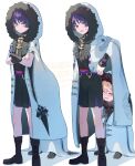  2boys aether_(genshin_impact) age_difference aged_down alternate_costume armor behind_another black_boots black_shirt black_shorts blonde_hair blue_eyes blush boots breath child cloak closed_mouth commentary_request crossed_arms dot_nose expressionless eyeliner fatui_coat frown full_body fur-trimmed_hood fur_trim genshin_impact head_under_another's_clothes height_difference highres hood hood_up japanese_armor japanese_clothes kote kurokote lace-up_boots lapels less_than_chest_height looking_at_another looking_at_viewer makeup male_focus mikan_(akasa051) mitsudomoe_(shape) multiple_boys nose_blush open_mouth oversized_clothes purple_hair purple_sash raised_inner_eyebrows red_eyeliner rope sash scaramouche_(genshin_impact) scaramouche_(harbinger)_(genshin_impact) shadow shared_clothes shared_coat shimenawa shirt shorts simple_background standing sweatdrop tomoe_(symbol) train_(clothing) under_another's_clothes variations waist_sash watermark white_background white_cloak 
