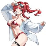  1girl absurdres arm_up bare_shoulders bikini black_survival blue_eyes braid breasts cleavage cowboy_shot eternal_return:_black_survival eyewear_on_head grin highres jacket justyna_(black_survival) large_breasts long_hair long_sleeves looking_at_viewer multi-strapped_bikini_top multicolored_hair navel off_shoulder one_eye_closed open_clothes open_jacket ponytail puffy_long_sleeves puffy_sleeves pyogo red_bikini red_hair simple_background single_braid smile solo sparkle stomach streaked_hair string_bikini sunglasses swimsuit symbol-shaped_pupils thick_thighs thigh_strap thighs white_background white_jacket x-shaped_pupils 