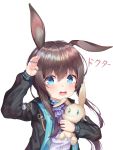  1girl absurdres amiya_(arknights) animal_ear_fluff animal_ears arknights ascot bangs black_jacket blue_eyes blush brown_hair bunny_ears character_name commentary_request eyebrows_visible_through_hair frilled_ascot frills hair_between_eyes hand_up highres holding holding_stuffed_animal hood hood_down hooded_jacket jacket jewelry long_hair long_sleeves looking_at_viewer mannaku multiple_rings neck_ring open_clothes open_jacket open_mouth purple_neckwear ring salute shirt sidelocks simple_background solo stuffed_animal stuffed_bunny stuffed_toy thumb_ring upper_body upper_teeth white_background white_shirt younger 