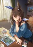  3girls admire_vega_(casual)_(umamusume) admire_vega_(umamusume) aged_up animal_ears blue_pants blue_sweater blush book breasts brown_hair cable_knit casual cellphone cleavage closed_mouth collarbone commentary_request cup drawing_(object) ear_covers flower hair_between_eyes hair_ornament hand_on_own_cheek hand_on_own_face head_rest highres horse_ears horse_girl indoors jewelry large_breasts long_hair long_sleeves looking_at_viewer multiple_girls pants phone plant ponytail potted_plant purple_eyes ring saucer single_ear_cover smartphone smile solo starheart sweater table tea teacup trophy umamusume wedding_ring window 