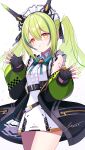  1girl aqua_bow aqua_bowtie aren_(vtuber) bare_shoulders belt belt_buckle black_belt black_gloves black_jacket black_ribbon black_trim blush bow bowtie brooch buckle cawang center_frills checkered_clothes checkered_sleeves chest_harness clothes_writing collared_dress commentary cowboy_shot dated dot_nose double-parted_bangs dress english_commentary english_text fingerless_gloves framed_breasts frilled_dress frilled_overskirt frills gloves green_hair green_sleeves green_streaks grin hair_between_eyes hair_ribbon hands_up harness headgear highres jacket jewelry liveruli long_hair long_sleeves looking_at_viewer maid maid_headdress mirrored_text multicolored_hair multiple_belts off_shoulder open_clothes open_hands open_jacket orange_eyes orange_streaks overskirt pocket puffy_long_sleeves puffy_sleeves ribbon ringed_eyes short_dress sidelocks signature simple_background sleeveless sleeveless_dress smile snap-fit_buckle solo spade_(shape) spread_fingers streaked_hair tactical_maid tareme thighs twintails two-tone_sleeves unconventional_maid virtual_youtuber w_arms waving white_background white_dress zipper zipper_pull_tab 