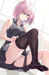  1girl ass black_legwear black_panties black_shirt breasts collared_shirt commentary_request dress eyebrows_visible_through_hair fate/grand_order fate_(series) feet glasses highres kuroki_(ma-na-tu) looking_at_viewer mash_kyrielight medium_breasts one_eye_covered panties pantyhose pink_hair purple_eyes putting_on_legwear shirt short_hair sitting sleeveless sleeveless_dress thighs unbuttoned unbuttoned_shirt underwear 