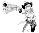  1girl ahoge aiming aiming_at_viewer breasts collared_shirt commentary commission cowboy_hat cowgirl_(western) cropped_legs electric_niw english_commentary finger_on_trigger freckles gloves gun hand_on_belt handgun hat henry_rifle holding holding_gun holding_weapon holster holstered jacket lever_action medium_breasts neckerchief original pants partially_fingerless_gloves revolver rifle shirt simple_background solo volcanic_pistol weapon white_background 