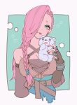  1girl :p aqua_background bare_shoulders border braid breasts cleavage commentary_request dot_nose green_eyes hair_over_one_eye heidne_(octopath_traveler) highres holding holding_stuffed_toy kamosukikamoka large_breasts long_hair looking_at_viewer low-tied_long_hair octopath_traveler octopath_traveler:_champions_of_the_continent octopath_traveler_0 outside_border pink_hair solo stuffed_animal stuffed_toy teddy_bear tongue tongue_out undercut upper_body white_border 