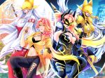  2girls absurdres aqua_eyes armor artist_name bare_shoulders black_bodysuit black_gloves black_ribbon blonde_streaks bodysuit braid breastplate breasts building claws cleavage closed_mouth clothing_cutout commentary commission covered_navel crop_top cross-laced_clothes cross-laced_cutout cross-laced_pants cross-laced_top crossover curtained_hair d-ark denim detached_sleeves deviantart_username digimon digimon_(creature) digivice double-parted_bangs eiyuu_densetsu english_commentary eye_mask facial_mark fake_claws floating_hair full_cleavage gloves glowing_claws gohei gold_armor grimcats_(eiyuu_densetsu) hair_between_eyes hakama hakama_pants half_crown_braid half_eye_mask headpiece highres hip_vent holding holding_staff japanese_clothes jeans judith_lanster kimono kuro_no_kiseki_(series) kuro_no_kiseki_i leg_cutout long_hair looking_at_viewer manu-chann mask medium_breasts midriff multicolored_hair multiple_girls navel one_eye_closed outdoors pants parted_lips partially_unbuttoned pauldrons pink_hair pink_lips purple_lips red_hakama ribbon sakuyamon sakuyamon:_miko_mode shakujou shirt short_sleeves shoulder_armor sleeve_ribbon smile staff streaked_hair twitter_username two-tone_hair upper_body very_long_hair watermark web_address white_hair white_kimono yellow_shirt yin_yang 