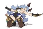  1girl animal_ears armpits black_footwear black_gloves blue_hair boots breasts brown_eyes brown_legwear erune ferry_(granblue_fantasy) full_body gloves granblue_fantasy holding holding_whip houtengeki kneeling long_hair looking_to_the_side medium_breasts open_mouth sideboob simple_background solo thighhighs whip white_background 