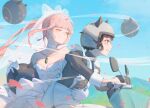  2girls apron aroma_white asakura_neko bare_shoulders black_dress black_hair blush breasts bridal_veil choker cleavage closed_eyes commentary_request cytus cytus_ii day dress driving gloves helmet highres hug hug_from_behind jewelry long_hair maid maid_apron meowbot motor_vehicle motorcycle motorcycle_helmet multiple_girls necklace on_scooter outdoors petals pink_hair ponytail riding scooter short_hair sky smile strapless trove veil wedding_dress white_choker white_dress white_gloves wife_and_wife wind yuri 