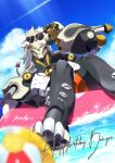  1boy absurdres adjusting_eyewear ball banyue_(zenless_zone_zero) beachball blue_sky blurry blurry_foreground chanshin0095 clothed_robot cloud commentary_request english_commentary eyewear_on_head grey_hair happy_birthday heart heart-shaped_eyewear highres humanoid_robot long_hair male_focus mixed-language_commentary no_humans on_innertube orange_shorts outdoors red-framed_eyewear robot robot_boy shorts sky solo sunglasses swim_ring water zenless_zone_zero 