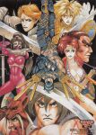  absurdres armor blindfold_mask breasts circlet cleavage ear_piercing headband heishiro_mitsurugi highres looking_at_viewer mask mouth_mask multiple_boys multiple_girls nirasawa_yasushi non-web_source piercing ponytail scan scar scar_on_face seong_mi-na siegfried_schtauffen sophitia_alexandra soul_edge soulcalibur sword taki_(soulcalibur) voldo weapon 