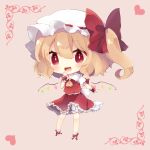  1girl back_bow blonde_hair bloomers bow chibi crystal fang flandre_scarlet frilled_skirt frills full_body hair_bow hand_to_own_mouth hand_up hat heart mob_cap nekoha open_mouth red_bow red_eyes red_footwear red_skirt red_vest shirt short_sleeves side_ponytail skirt smile socks solo touhou underwear vest white_bow white_headwear white_legwear white_shirt wings wrist_cuffs yellow_neckwear 