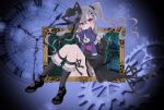  1girl acid_(maimai) bib_collar black_bow black_dress black_shoes bow bowtie castle clock collar commentary_request crossed_arms crossed_bangs dress frilled_collar frilled_dress frilled_socks frills full_body gears gothic_lolita grey_hair hair_between_eyes hat highres holding holding_stuffed_toy kotori369 layered_dress lolita_fashion long_hair long_sleeves looking_at_viewer maimai_(game) mini_hat mini_top_hat neck_ribbon picture_frame purple_eyes ribbon roman_numeral shoes socks solo stuffed_animal stuffed_cat stuffed_toy top_hat twintails wide_sleeves 