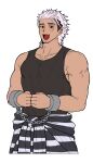 1boy absurdres bags_under_eyes belt black_belt black_hair black_nails black_tank_top blush clenched_hands collarbone cropped_torso cuffs facial_hair fang gaisei_(live_a_hero) hair_slicked_back handcuffs highres jumpsuit jumpsuit_around_waist live_a_hero looking_at_viewer male_focus mixed-language_commentary multicolored_hair muscular muscular_male open_mouth prison_clothes red_eyes simple_background skin_fang smile solo stubble tank_top thick_eyebrows unfinished veins veiny_arms white_background white_hair yusa_(usa_kotobuki) 