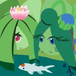  1:1 2018 absurd_res detailed_background digital_media_(artwork) duo elemental_creature fan_character female flora_fauna flower hi_res humanoid iustinus_tempus lily_pad looking_at_viewer lotus_(disambiguation) mei_(laranthrod) not_furry outside partially_submerged plant smile water yin_song 
