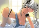  1girl all_fours apron areola_slip arko_(acucs) arm_garter ass azur_lane backlighting bare_shoulders bed blush breasts commentary_request formidable_(azur_lane) garter_belt grey_hair hair_ribbon large_breasts long_hair looking_at_viewer panties red_eyes ribbon sideboob solo thighhighs thighs twintails two-tone_ribbon underwear very_long_hair white_panties white_thighhighs 