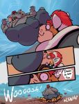 5_fingers belly blush blush_lines bowser bracelet bulge clothing collar comic duo elephant elephant_mario elephantid english_text facial_hair falling falling_on_another fingers fur hi_res jewelry koopa male mammal mario mario_bros meowser musclegut muscular mustache nintendo on_top_of_another overalls proboscidean scalie slide sliding spiked_bracelet spiked_collar spikes tail text uniparasite yellow_body yellow_fur