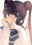  1girl alternate_costume bangs bespectacled blue_eyes blue_sailor_collar blunt_bangs double_bun eyebrows_visible_through_hair fate/grand_order fate_(series) glasses hand_on_own_cheek kooemong long_hair long_sleeves looking_at_viewer orange-framed_eyewear parted_lips purple_hair sailor_collar school_uniform serafuku shirt simple_background sleeves_past_wrists smile solo twintails upper_body white_background white_shirt yang_guifei_(fate/grand_order) 
