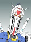  armor artist_logo artist_name commentary english_commentary gradient_background grey_background gundam gundam_zero highres langbazi logo mecha mecha_focus mobile_suit mobile_suit_gundam_rg_xarx-zero no_humans quality robot science_fiction signature solo sunrise_(company) upper_body v-fin very_long_face weapon weapon_on_back what yellow_eyes 
