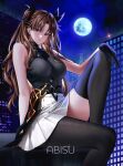  1girl :| absurdres alternate_breast_size_(larger) artist_name asymmetrical_legwear black_gloves black_pantyhose black_thighhighs blue_eyes breasts brown_hair closed_mouth commentary earrings fate/stay_night fate/unlimited_blade_works fate_(series) fromabisu full_moon gloves hand_on_own_knee highres honkai:_star_rail honkai_(series) hoop_earrings jewelry large_breasts leg_up long_hair looking_at_viewer mismatched_legwear moon night outdoors pantyhose parted_bangs single_leg_pantyhose sitting skirt sleeveless solo thighhighs tohsaka_rin tohsaka_rin_(honkai:_star_rail) very_long_hair white_skirt 