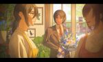  1boy 2girls absurdres apple apron artist_name black_border black_hair blurry border bouquet brown_hair brown_jacket closed_mouth collared_shirt eren_yeager florist food fruit green_eyes hair_between_eyes highres holding holding_bouquet indoors jacket letterboxed long_hair looking_at_another mikasa_ackerman multiple_girls necktie parted_lips picture_frame plant ponytail potted_plant red_necktie ribbed_sweater sasha_blouse scar scar_on_cheek scar_on_face shigure0v0 shingeki_no_kyojin shirt short_hair smile suit_jacket sweater upper_body white_shirt white_sweater yellow_apron 