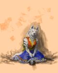 2009 abstract_background anthro biped canid canine canis clothed clothed_anthro clothed_female clothing digital_media_(artwork) dress female female_anthro frilly frilly_clothing fur hi_res mammal pose red_eyes ruff sekki simple_background sitting solo whiskers wolf yokozuwari