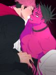  2boys absurdres black_hair black_pants choker choso_(jujutsu_kaisen) collarbone colored_skin commentary_request demon_tail highres horns imminent_kiss itadori_yuji jujutsu_kaisen male_focus multiple_boys nipples open_mouth pants pink_eyes pink_hair pink_skin short_hair tail undercut uorui yaoi 