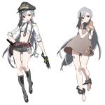 1girl absurdres azur_lane boots bread collar food full_body grey_hair hat highres long_hair looking_at_viewer minsk_(azur_lane) no_panties police police_hat police_uniform ponytail purple_eyes rags shisantian shorts simple_background solo uniform white_background 