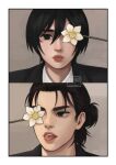  1boy 1girl artist_name black_eyes black_hair black_jacket border brown_hair collared_shirt commentary eren_yeager flower flower_over_eye grey_background hair_between_eyes hair_bun half_updo jacket looking_at_viewer looking_to_the_side medium_hair mikasa_ackerman open_mouth parted_lips scar scar_on_cheek scar_on_face shingeki_no_kyojin shirt short_hair sumiensp tongue tongue_out untranslatable_commentary upper_body white_border white_flower white_shirt 