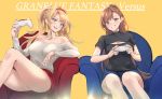 2girls absurdres bangs bare_shoulders beatrix_(granblue_fantasy) black_shirt blonde_hair blue_eyes blue_shorts blush breasts brown_eyes brown_hair cleavage_cutout collarbone controller copyright_name couch dualshock game_controller gamepad granblue_fantasy grin highres large_breasts long_hair long_sleeves looking_at_viewer multiple_girls off-shoulder_shirt off_shoulder open_mouth playstation_controller ponytail red_shorts renzu_(lens_02) shirt short_sleeves shorts simple_background sitting smile swept_bangs thighs white_shirt yellow_background zeta_(granblue_fantasy) 