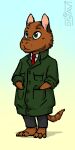 1:2 accessory anthro barefoot bibbly bottomwear brown_body brown_fur capybara caviid clothed clothing digital_media_(artwork) drjavi feet fur green_eyes hand_in_pocket hands_in_both_pockets hi_res jacket male mammal necktie pants pockets rodent shirt simple_background solo standing tail topwear