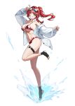 1girl absurdres arm_up bare_shoulders bikini black_socks black_survival blue_eyes braid breasts cleavage eternal_return:_black_survival eyewear_on_head full_body grin highres jacket justyna_(black_survival) large_breasts leg_up long_hair long_sleeves looking_at_viewer multi-strapped_bikini_top multicolored_hair navel off_shoulder one_eye_closed open_clothes open_jacket ponytail puffy_long_sleeves puffy_sleeves pyogo red_bikini red_hair simple_background single_braid skindentation smile socks solo sparkle stomach streaked_hair string_bikini sunglasses swimsuit symbol-shaped_pupils thick_thighs thigh_strap thighs toeless_legwear water white_background white_jacket x-shaped_pupils 