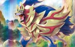  blue_sky cloud cloudy_sky creature day dog_focus gen_8_pokemon legendary_pokemon no_humans official_art outdoors pokemon pokemon_(creature) pokemon_trading_card_game saitou_kouki sharp_teeth shield sky solo standing teeth third-party_source yellow_eyes zamazenta 