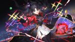  1girl archer_(fate) arms_behind_back asymmetrical_legwear black_gloves black_hair black_pantyhose black_shirt black_thighhighs blue_eyes chinese_commentary closed_mouth commentary_request cropped_jacket earrings fate/stay_night fate/unlimited_blade_works fate_(series) gem gloves green_gem highres honkai:_star_rail honkai_(series) jacket jewelry long_hair long_sleeves looking_at_viewer necklace night open_clothes open_jacket outdoors pantyhose reaching reaching_towards_viewer red_gem red_jacket rin's_pendant_(fate) shirt skirt sky smile thighhighs tohsaka_rin tohsaka_rin_(honkai:_star_rail) twintails uneven_legwear very_long_hair white_skirt zuozhan_xing59 