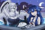  2girls antennae arthropod_girl bao_the_whale bao_the_whale_(1st_costume) black_one-piece_swimsuit black_sclera black_tongue blue_hair breasts cleavage colored_sclera colored_skin crescent_moon cup dress drinking_glass extra_arms green_eyes green_hair grey_dress hair_over_one_eye haraya_manawari indie_virtual_youtuber juniper_actias juniper_actias_(1st_costume) juniper_actias_(idol) large_breasts long_hair looking_at_viewer medium_breasts monster_girl moon moth_antennae moth_girl moth_hair_ornament multiple_girls neck_fur night one-piece_swimsuit open_mouth outdoors ponytail pool red_eyes swimsuit virtual_youtuber whale_girl white_fur white_hair white_skin wine_glass 