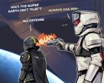  1girl 1other always_has_been_(meme) armor cape commentary earth_(planet) english_commentary firing flat_chest gun handgun headshot helldiver_(helldivers) helldivers_(series) helmet highres meme pauldrons phantom_cross planet revolver shoulder_armor skull sound_effects spacecraft tagme uf-16_inspector_(helldivers) weapon window 