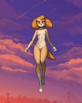 4:5 4_toes 5_fingers absurd_res anthro anthrofied areola black_nose breasts canid canine canis city cityscape cockapoo countershade_torso countershading diacordst domestic_dog feet female fingers fist floppy_ears flying front_view fur genitals gloves_(marking) hi_res humanoid_genitalia humanoid_vulva leg_markings looking_at_viewer lop_ears mammal markings mixed_breed navel nipples nude outside paw_patrol skye_(paw_patrol) small_breasts socks_(marking) solo superhero tan_body tan_fur toes vulva white_body white_countershading white_fur white_markings