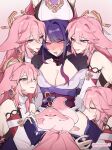  6+girls animal_ears black_shrug blush breast_rest breasts breasts_on_head censored character_censor cleavage clone clone_harem commentary cunnilingus detached_sleeves drooling fox_ears fox_girl full-face_blush genshin_impact hair_between_eyes hair_ornament highres japanese_clothes kimono large_breasts licking_thigh looking_at_another mole mole_under_eye multiple_girls nonons novelty_censor obi obiage obijime open_mouth oral pink_hair purple_eyes purple_hair purple_kimono purple_thighhighs raiden_shogun red_sash sash shirt shrug_(clothing) sleeveless sleeveless_shirt spread_legs thighhighs tongue tongue_out white_shirt yae_miko yae_miko_(fox) yuri 