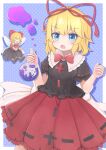  1girl back_bow black_shirt blonde_hair blue_eyes boss9331 bow bowtie bubble_skirt commentary_request flask frilled_skirt frills hair_ribbon highres holding holding_flask making-of_available medicine_melancholy medium_hair open_mouth poison puffy_short_sleeves puffy_sleeves red_bow red_bowtie red_ribbon red_skirt ribbon ribbon-trimmed_shirt ribbon-trimmed_skirt ribbon-trimmed_sleeves ribbon_trim round-bottom_flask shirt short_sleeves skirt solo su-san touhou twitter_username 