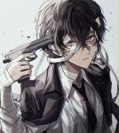  1boy bandage_over_one_eye bandaged_arm bandaged_neck bandages bandaid bandaid_on_cheek bandaid_on_face beretta_92 black_hair black_shirt bungou_stray_dogs coat coat_on_shoulders commentary_request dazai_osamu_(bungou_stray_dogs) gun hair_between_eyes handgun haveanicedream highres holding holding_gun holding_weapon imminent_suicide looking_at_viewer male_focus parted_lips pink_eyes shade shirt short_hair simple_background solo upper_body weapon white_background 